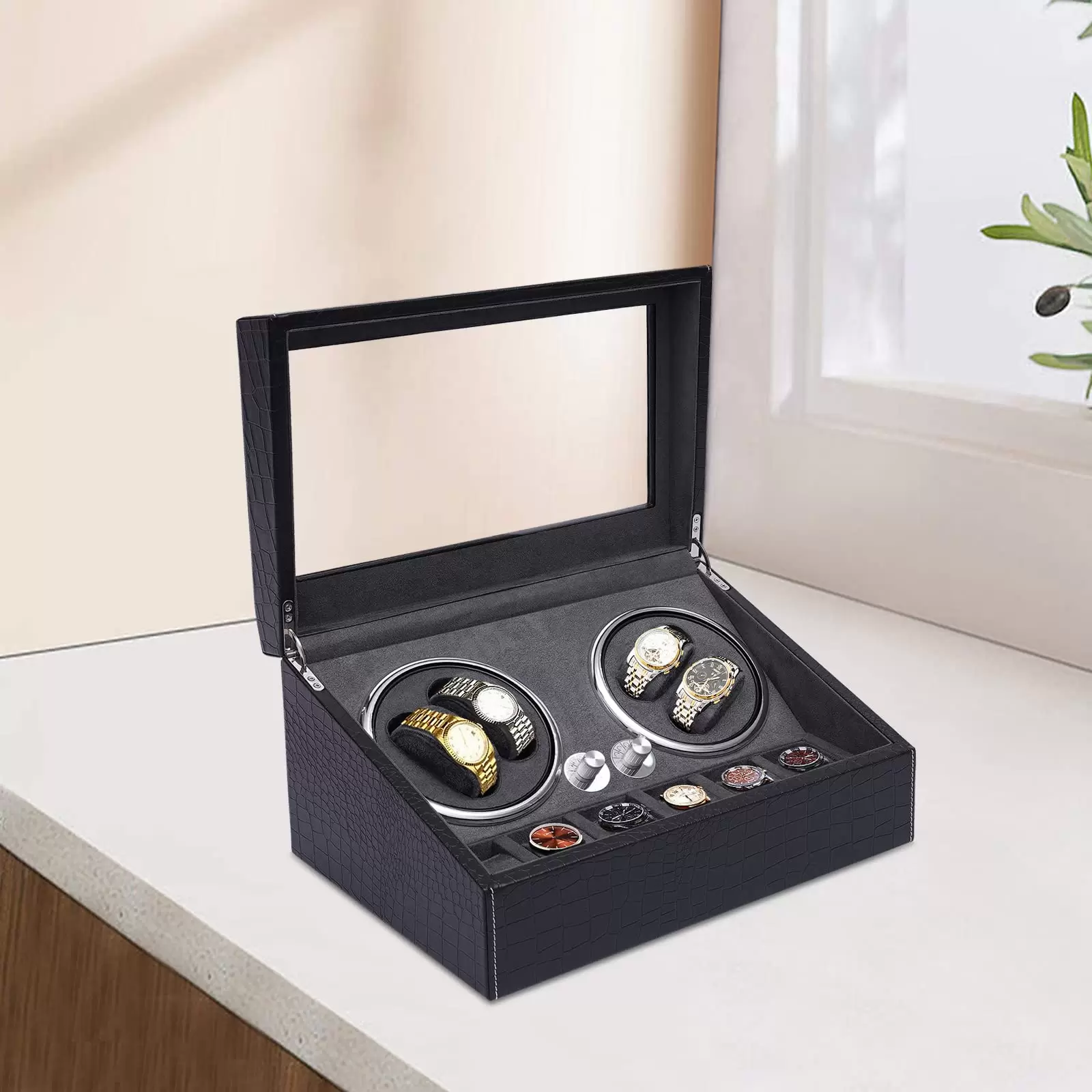 4+6 Uhr Box Automatische Uhrenbeweger aus PU für Uhrenshop Sammler Geschenk Schaukasten 4+6 Uhr Box Automatische Uhrenbeweger aus PU für Uhrenshop Sammler Geschenk Schaukasten