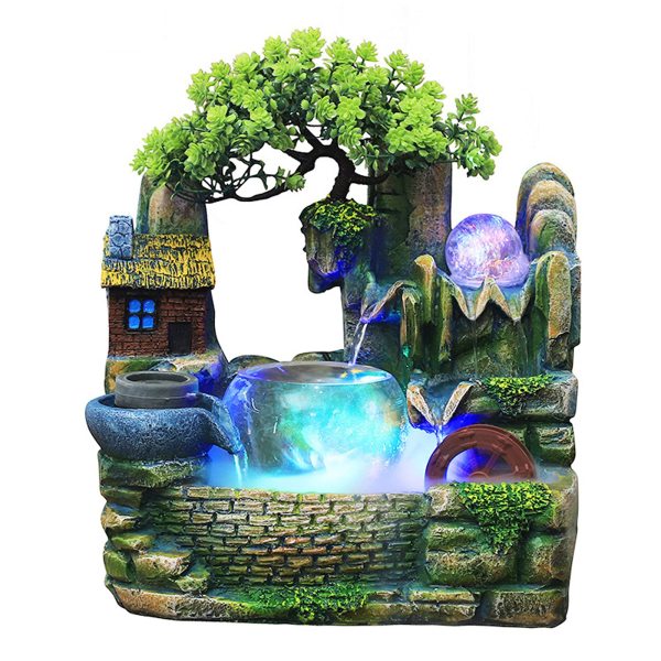 Zimmerbrunnen Brunnen mit Luftbefeuchter Polyresin Tischbrunnen mit Deko-Steingarten Teich Wasserspiel Desktop Wasserfall