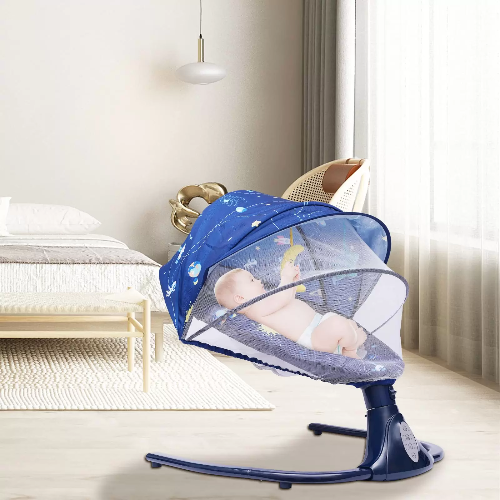 Babywippe Elektrische Schaukel Ferngesteuerter mit 4 Schaukelhöhen Timing Funktion Musik Abnehmbares Moskitonetz