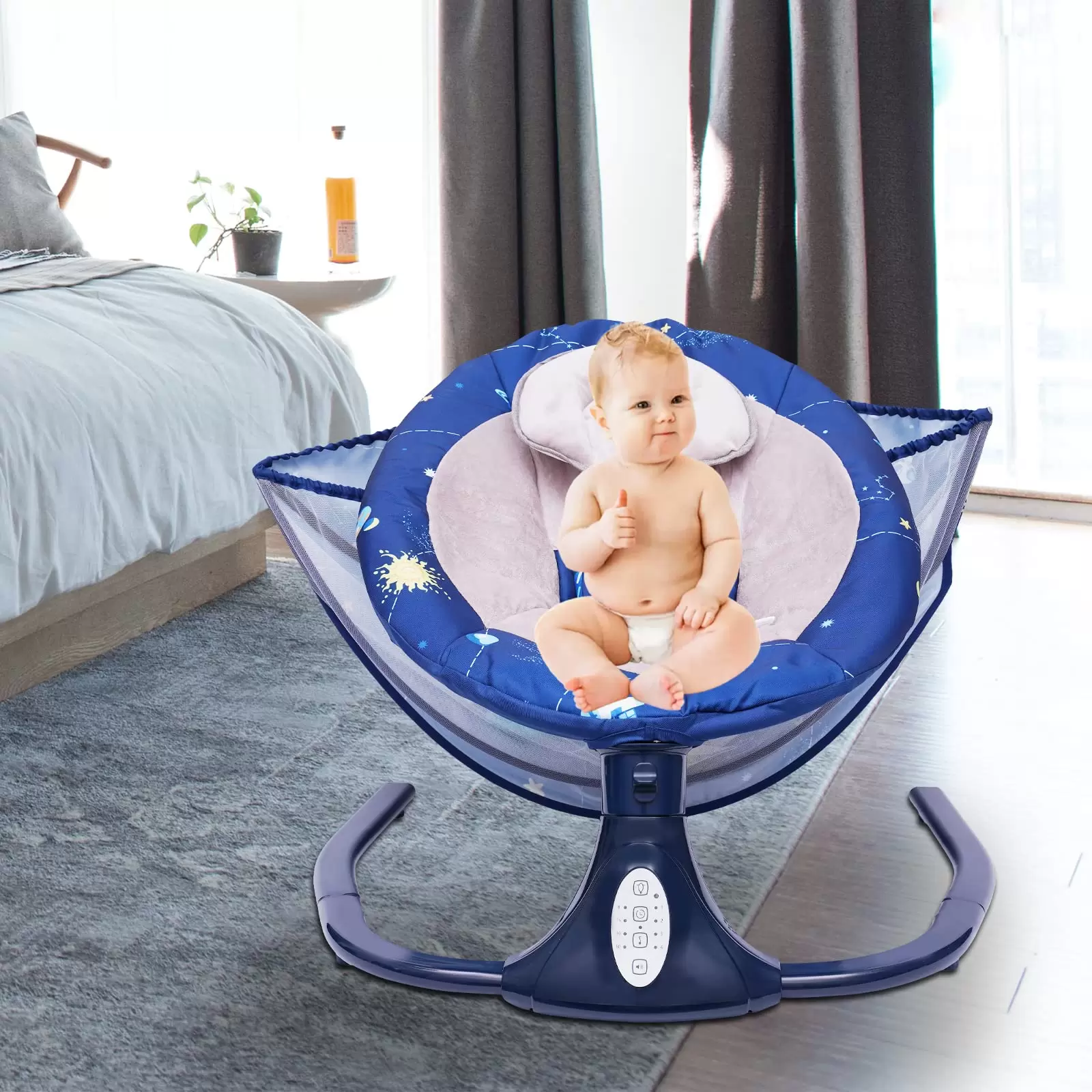 Babywippe Elektrische Schaukel Ferngesteuerter mit 4 Schaukelhöhen Timing Funktion Musik Abnehmbares Moskitonetz